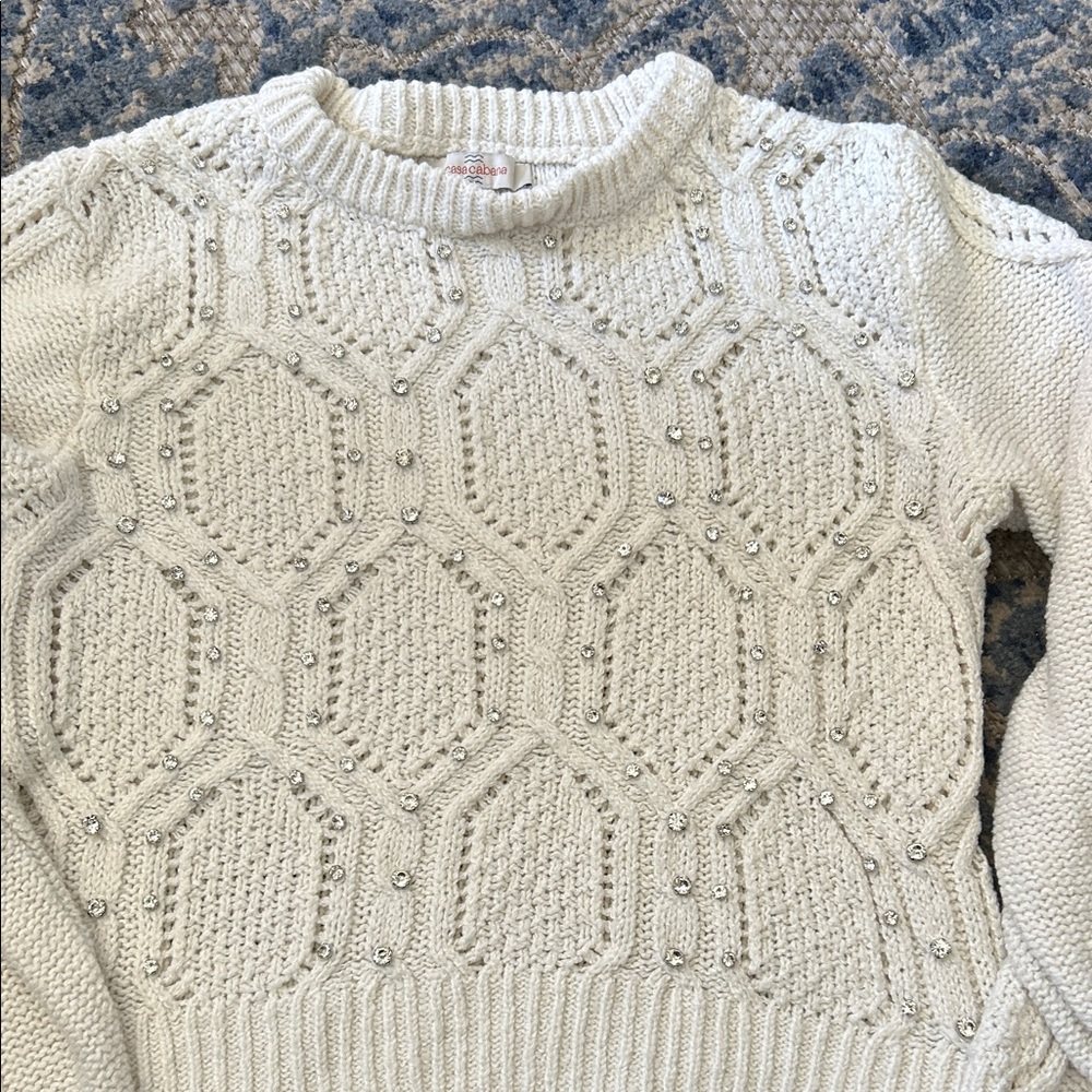 Beaded Cable Knit Crewneck Sweater - White